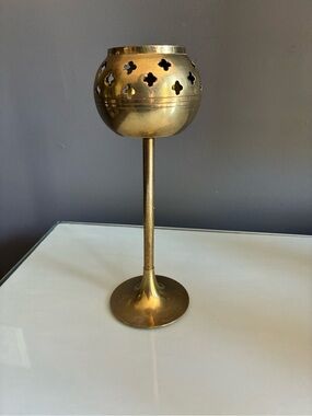 Vintage Brass Candle Holder with Cutout Pattern - Gold Finish